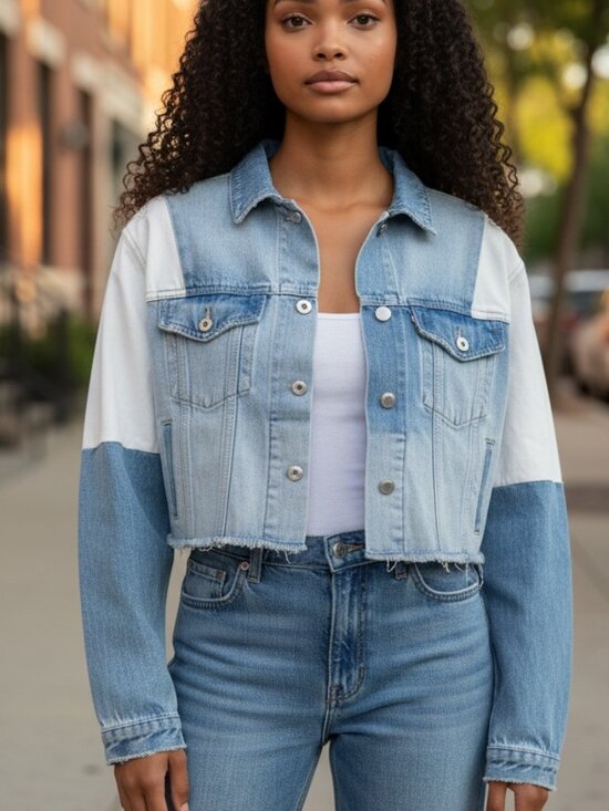 Bayeas Jackets & Blazers - BAYEAS Women's Patch Work Denim Jacket Cropped Raw Edge Sz.S-NWT-Retails for $88